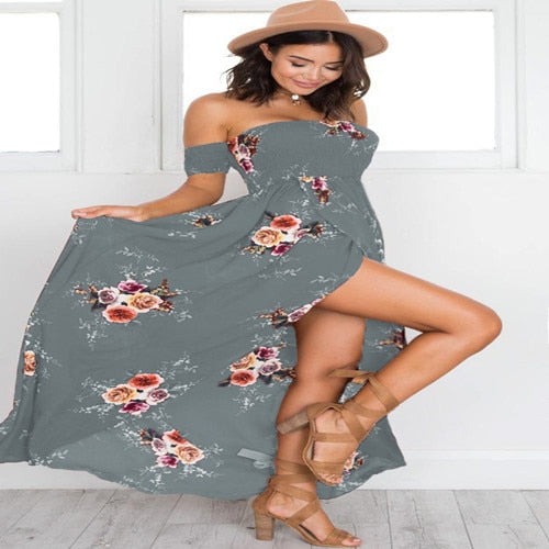 Off Shoulder Print Maxi Dress - Female Side Split Summer Dress 2019