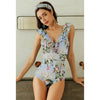 Female Retro V Neck One Piece Ruffled Swimwear