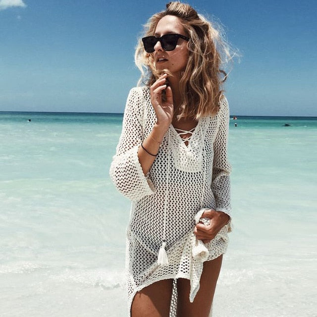 Flared Sleeves Crochet Swimwear Cover-ups 2019